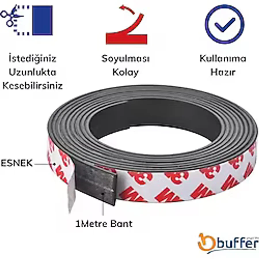 Yapışkanlı Şerit Mıknatıs Magnet Kes Kullan Güçlü Sağlam Rulo Çıkarılması Kolay Siyah 2cm x 1 mt
