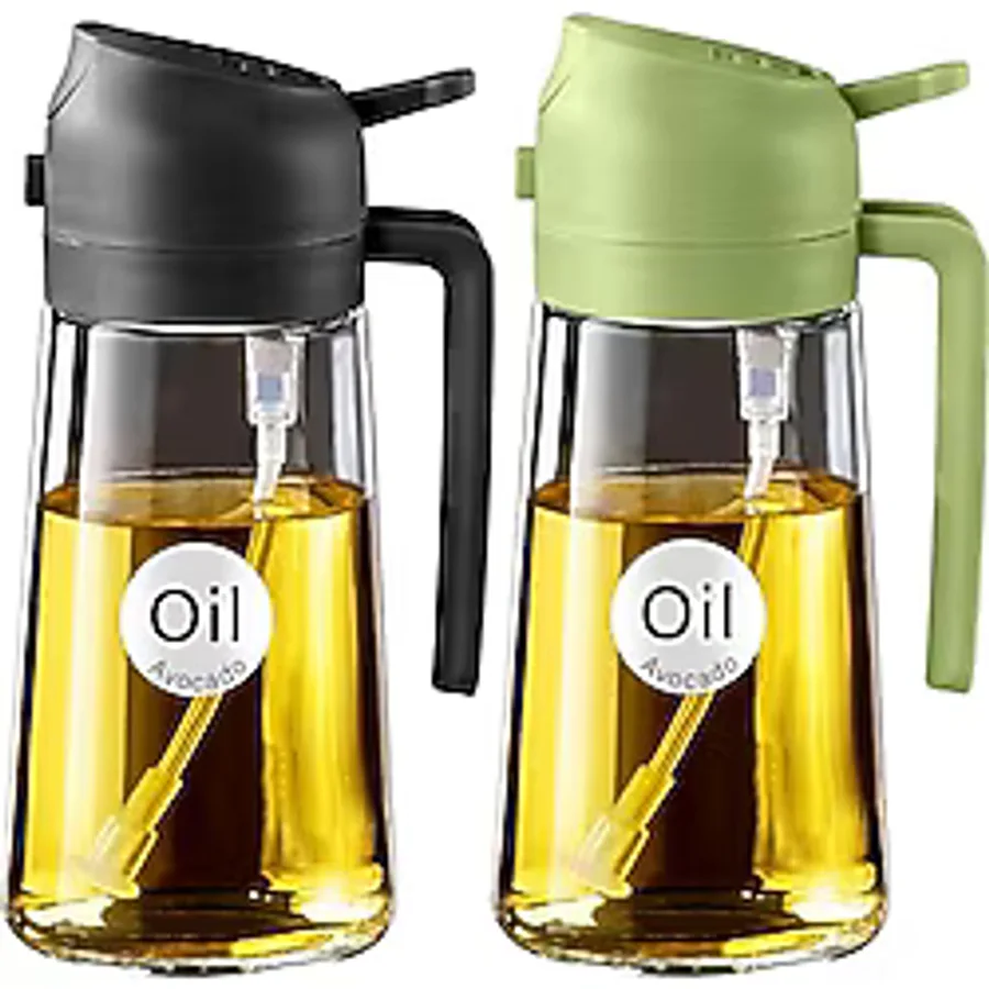 YARRAMATE 2 Adet Zeytinyağı Dispenseri, Pişirme için 2'si 1 Arada Yağ Püskürtücü, 470ml Cam Yeşil Püskürtme Şişesi, Mutfak, Kızartma, Barbekü için Gıda Sınıfı Dispenser ve Sprey
