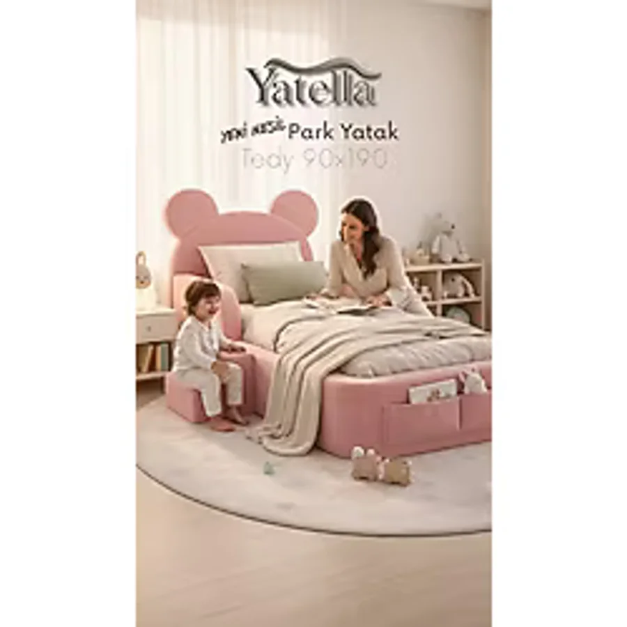 YATELLA Luxury Tedyy Baza ve Başlıklı Montessori Full Sünger Yatak Seti 90 x 190 Pembe