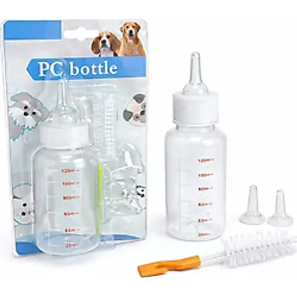 Yavru Kedi Köpek Biberonu 120 ml - Büyük Boy Evcil Hayvan Süt ve Mama Besleme Şişesi Seti, Ölçekli Geniş Hacim, 2 Yedek Silikon Emzikli, Temizleme Fırçalı, Yeni Doğan Yavru Bakım Aparatı - Çok Renkli