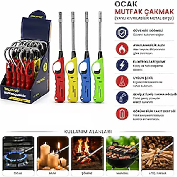 Yaylı Ocak Mutfak Çakmağı - Kıvrılabilir Metal Başlı - Karışık Renkler - 1 Adet