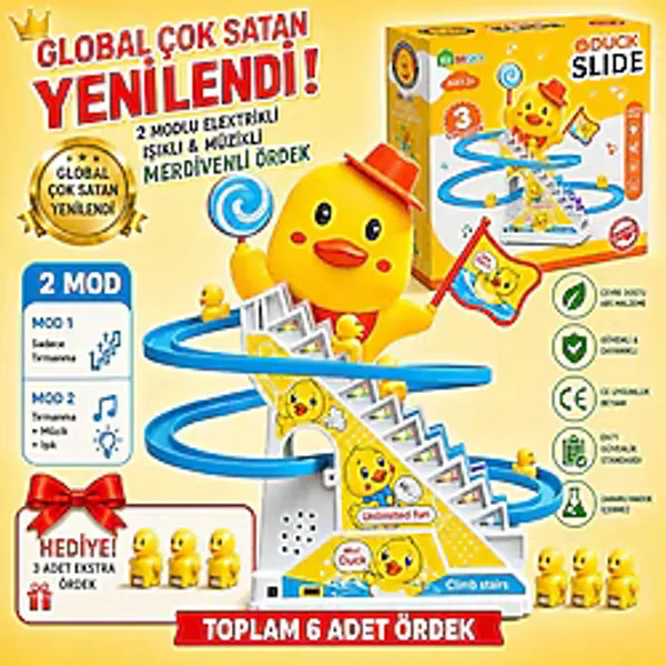 Yeni Nesil Işıklı Müzikli Merdiven Tırmanan 6 Küçük Ördek 3+ Yaş Eğitici ve Eğlenceli Çocuk Oyuncak Seti