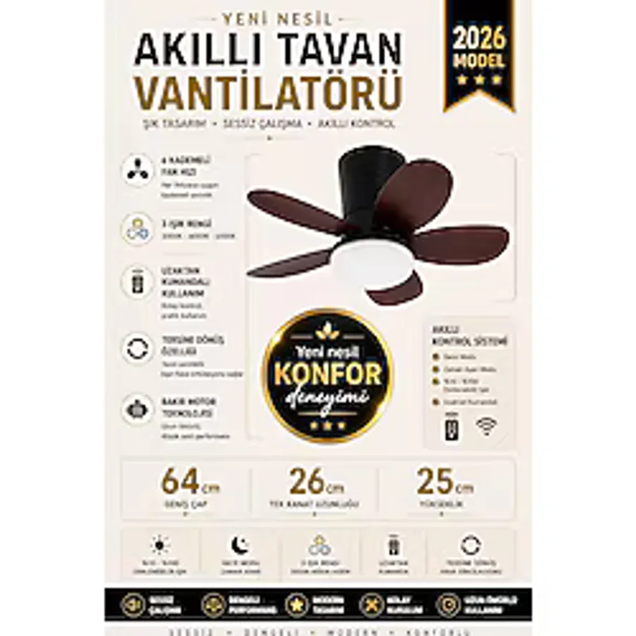 Yeni Nesil Tavan Vantilatörü 64 cm Toplam Çap - 6 Kademeli, 3 Işık Renkli, Kumandalı, Sessiz Fan (Tavana Vidalı Montaj)Avize