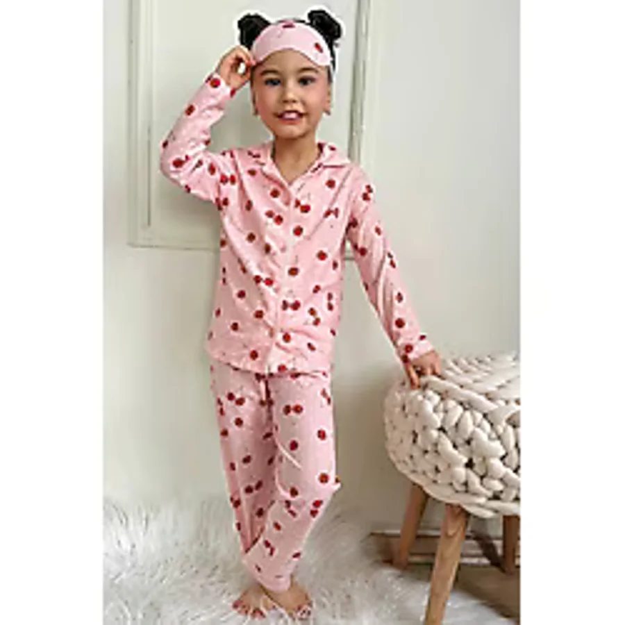 Yeni Sezon Kız Çocuk Düğmeli Pijama Takımı Oyuncak Bebek Baskılı Göz Bandı Dahil Renklı