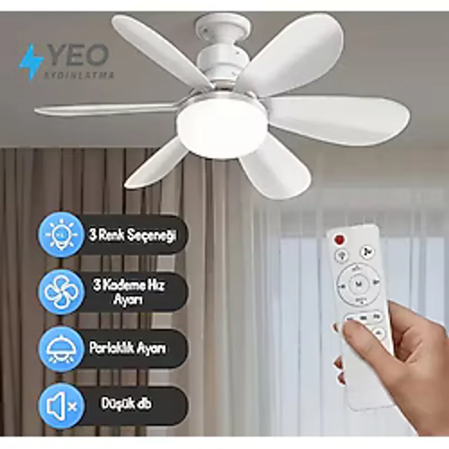 Yeo Aydınlatma LED Işık ve Fan Sessiz 3 Renk Modu ve 3 Hız Modu Kumandalı Tavan Vantilatörü - Beyaz