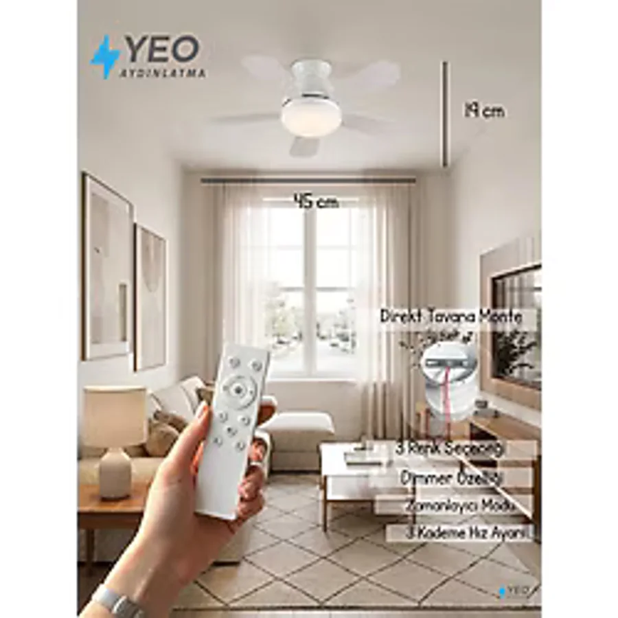Yeo Aydınlatma Sessiz Tavan Vantilatörlü Avize - 3 Renk LED Aydınlatmalı, Kumandalı, Zamanlayıcılı Modern Mutfak ve Yatak Odası Fanı - 45 cm - Beyaz