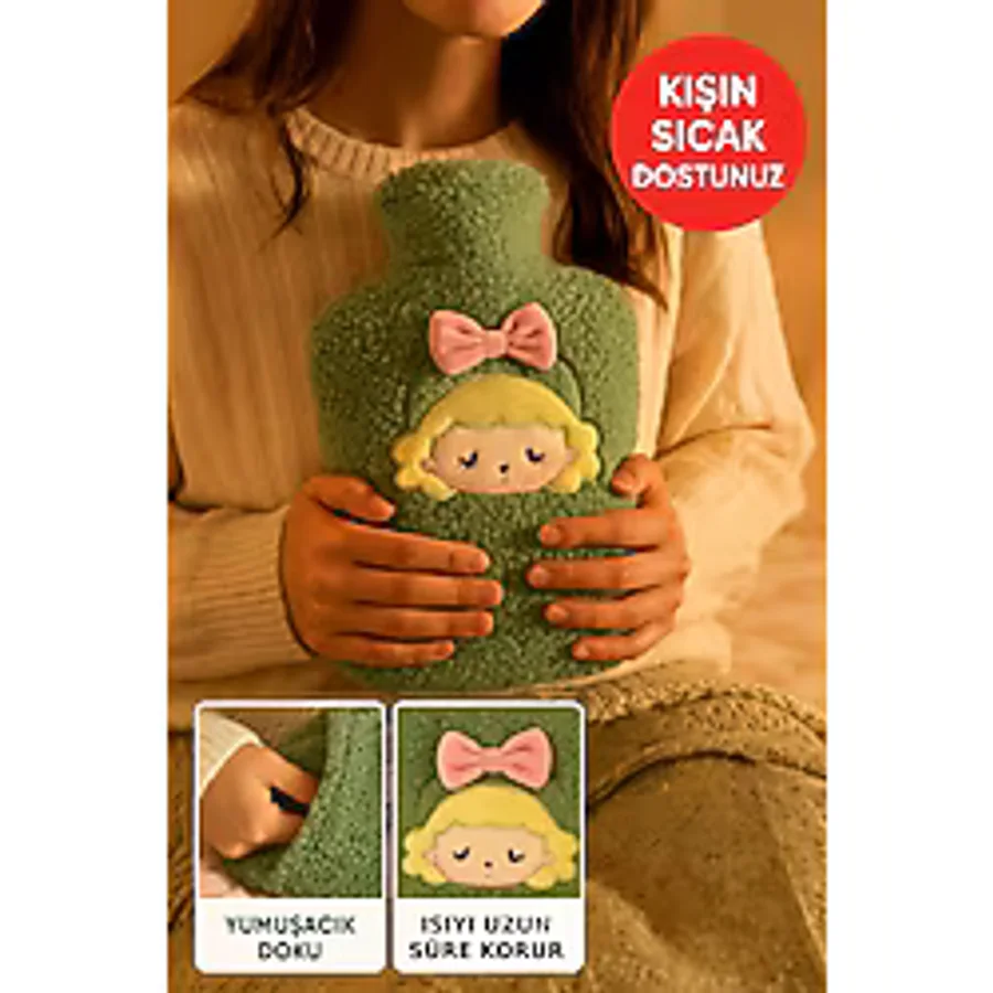 Yeşil Peluş Sıcak Su Torbası - Yumuşak, Güvenli ve Şık Saçlı Kız Model, 1 Litre