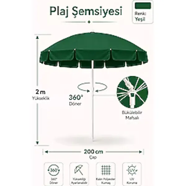 Yeşil Plaj Şemsiyesi 200 Cm Çap /10 Telli, Polyester Kumaş Yeşil