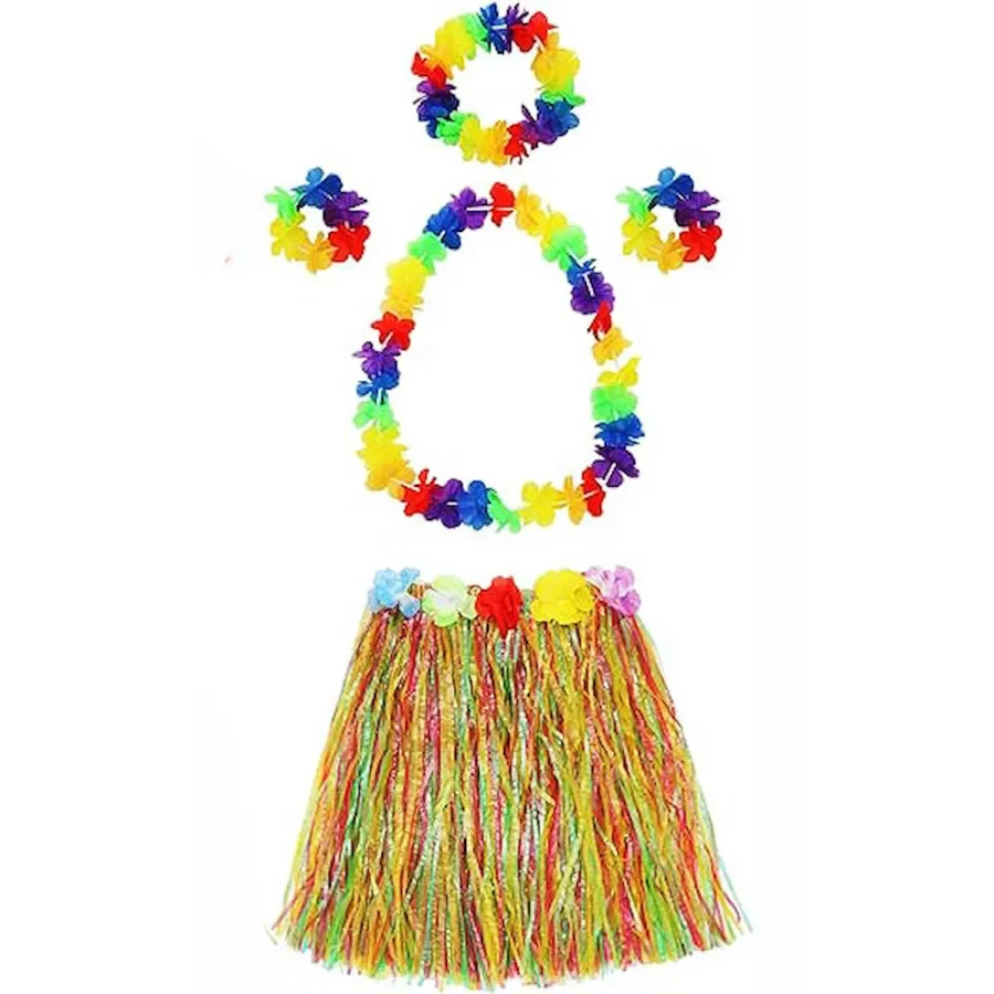 Yetişkin Ve Çocuk Uyumlu Luau Aloha Hawaii Kolye Renkli Etek Tac Ve Bileklik Seti