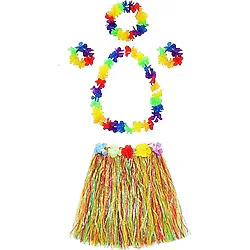 Yetiskin Ve Cocuk Uyumlu Luau Aloha Hawaii Kolye Renkli Etek Tac Ve Bileklik Seti