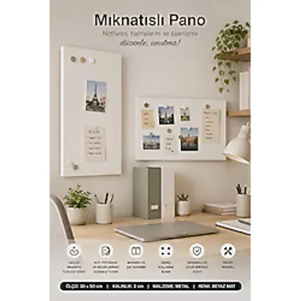 Yiğit Metal Mıknatıslı Pano Beyaz Ofis/çalışma Odası İçin Mıknatıs Hediyeli Metal Magnet Hatıra Panosu 50 x 30 CM