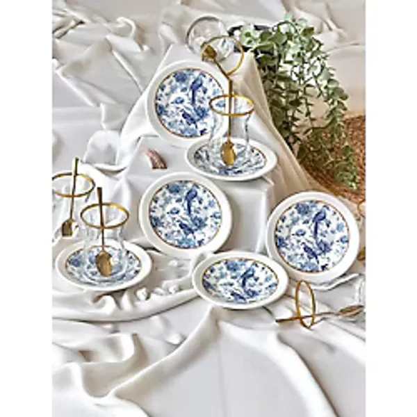 Yiğit Seramik Züccaciye Blue Kitchen Gold Yaldızlı 6 Kişilik 12 Parça Lüks Çay Seti