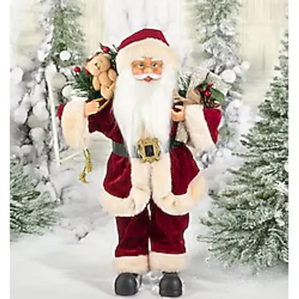 Yılbaşı Süsü Noel Baba Biblo Figür Büyük Boy 45cm - Peluş Ayılı Hediye Çuvalı ve Aksesuarları ile