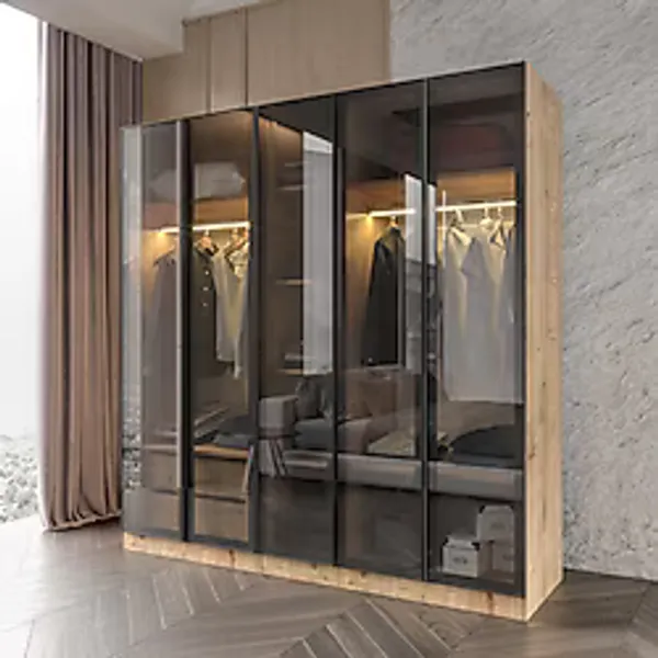 Yıldız Füme Camlı Alimünyum Kapaklı 2 Çekmeceli Giyinme Dolabı Led Askılıklı Tamamı Mdf Safir Meşe