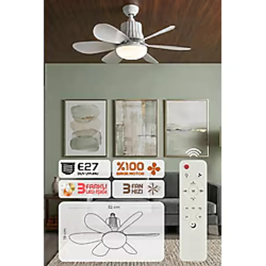Yıldızhane 40WATT Tavan Tipi Vantilatör 6 Fan Kanat LED Işıklı Uzaktan Kumandalı 3 Renk Modu ve 3 Hız Modu Kumandalı Tavan Vantilatörlü LED Ampul - Beyaz