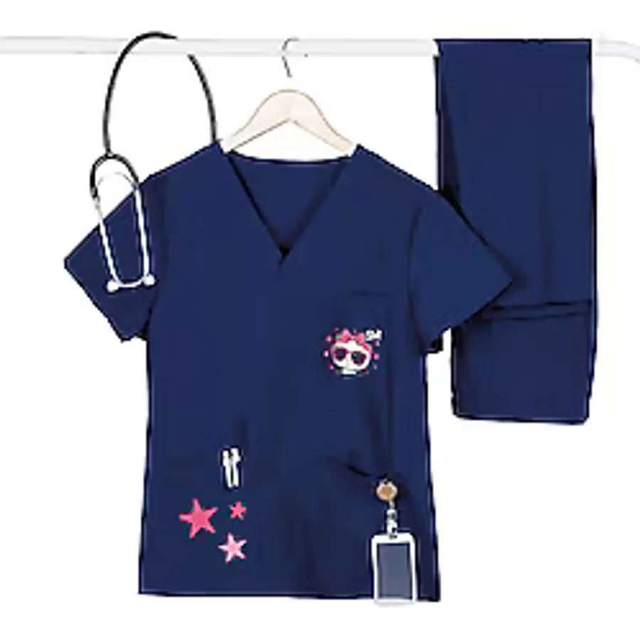 YnkStore Özel Baskılı Lacivert Hemşire ve Doktor Üniforması Scrubs Likralı Kumaş