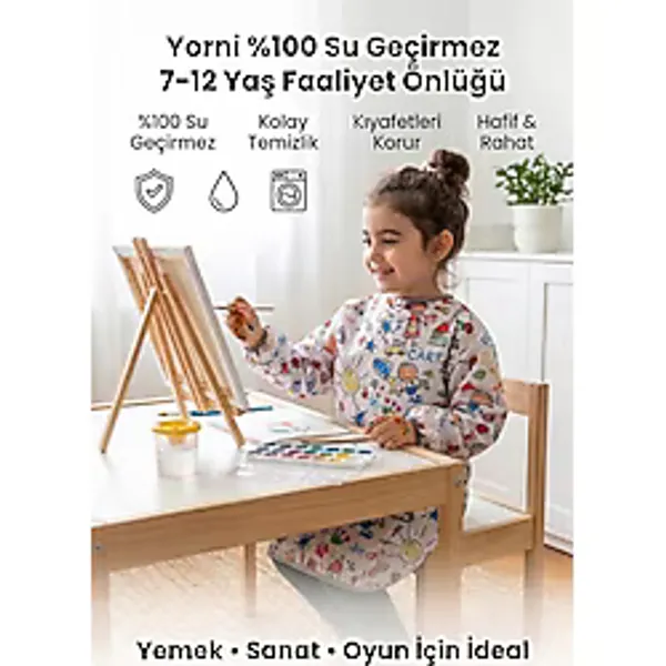 Yorni Family 7-12 Yaş Sıvı Geçirmeyen, Çocuk Aktivite Boyama, Faaliyet, Etkinlik Önlüğü - Beyaz