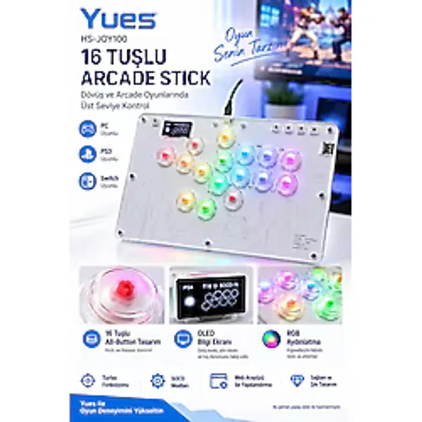 YUES PS4 Uyumlu Arcade Stick 16 Tuşlu RGB OLED Ekranlı Kablolu Oyun Kolu PC PS3 Switch Uyumlu HS-JOY100