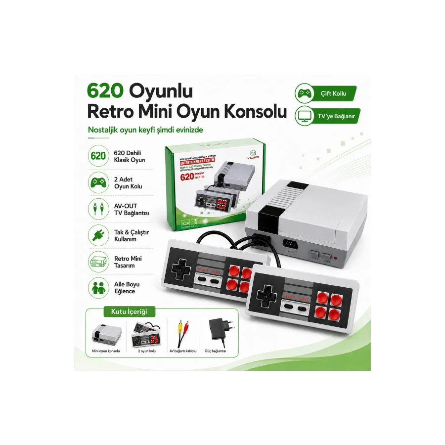 YUES Retro Mini Oyun Konsolu 620 Yüklü Oyun, Çift Kolu, TV Bağlantılı, Tak-Çalıştır