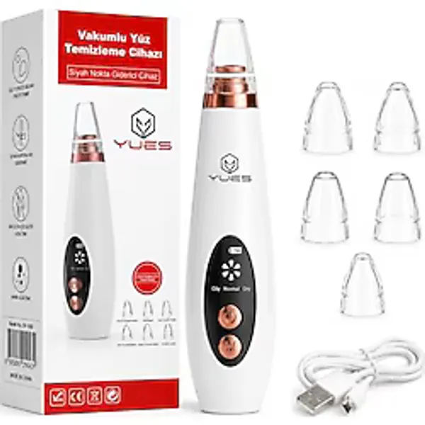 YUES Vakumlu Yüz Temizleme Cihazı Siyah Nokta Giderici, 6 Başlıklı Komedon Temizleme Aleti, LED Ekranlı, 3 Emiş Modlu, USB Şarjlı Gözenek Temizleyici Cilt Bakım Cihazı