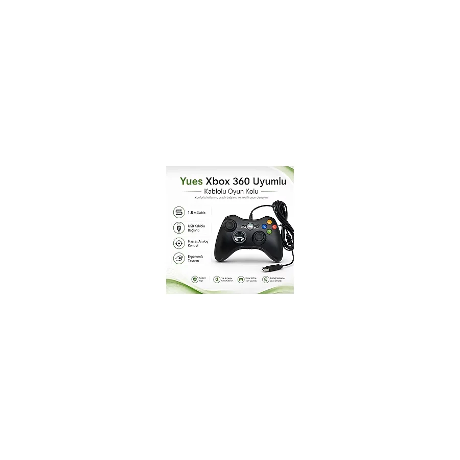 Yues Xbox 360 Gamepad Oyun Kolu Kablolu Joystick (Xbox 360 ve PC Uyumlu) - Siyah
