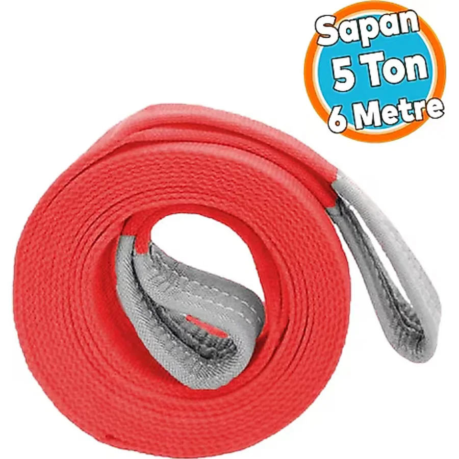 Yük Kaldırma Sapan Polyester Spanzet 5 Ton 6 Metre Kırmızı Sağlam Taşıma İndirme Araç Çekme Halat