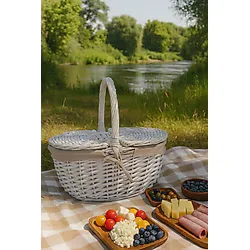 Yunusoğlu Home Beyaz Hasır Piknik Sepeti 40X30x19 Cm Kapaklı Termoform Sepet Krem Kumaş Detaylı
