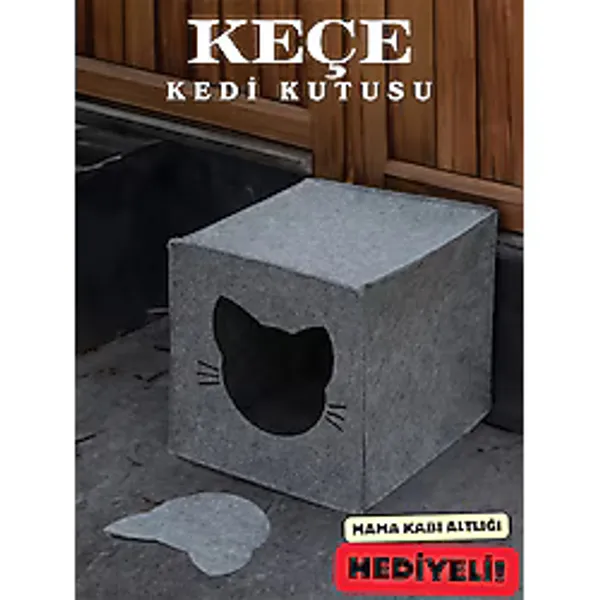 YUNUSOĞLU HOME Keçe Kedi Yuvası Dekoratif Mama Kabı Altlığı Hediyeli Organizer Düzenleyici Katlanabilir Gri