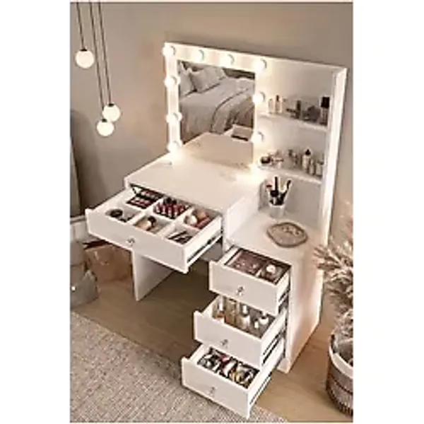 Yurudesign Monroe Makyaj Masası 4 Çekmeceli Düzenleyici Hollywood LED Işıklı Raflı Beyaz Mo2-W