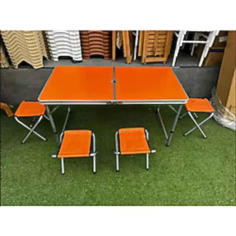 Yusa Stores Katlanabilir Alüminyum Kamp Masası Seti 4 Tabureli Piknik Masası Çanta Tipi Krem 120X60 cm