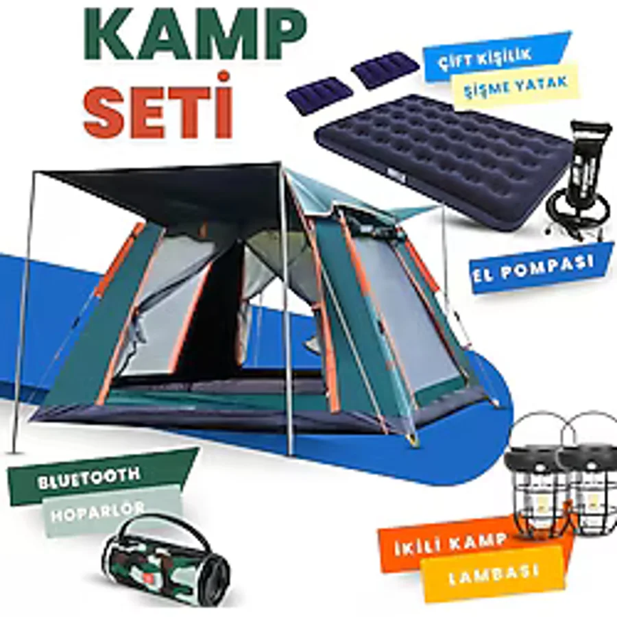Yussraw 2-4 kişi kamp çadırı seti taşınabilir otomatik 200x200x145 +lamba+yatak+yastık+pompa+hoparlör