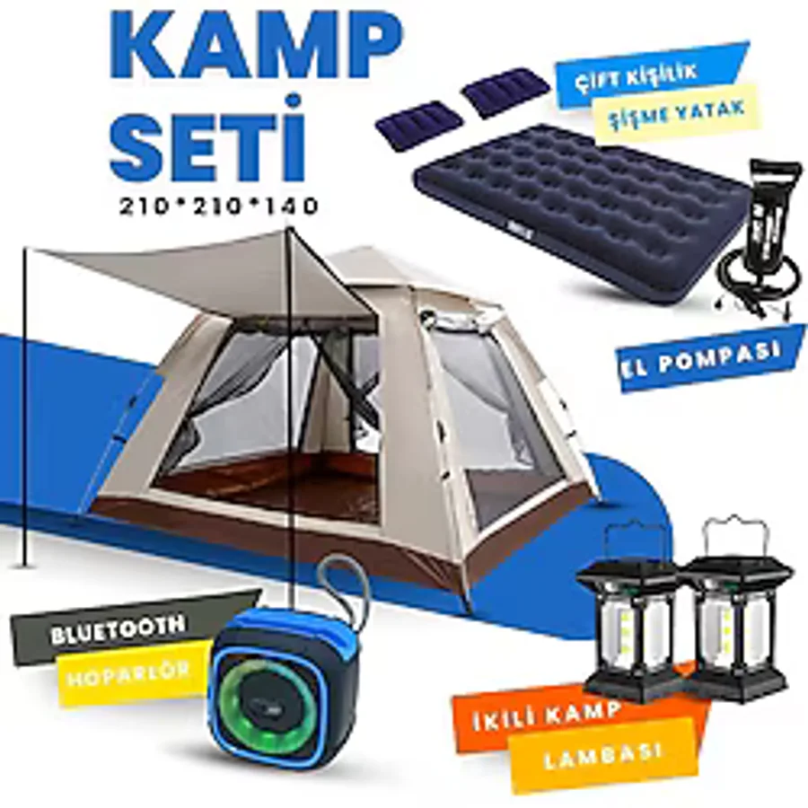 Yussraw 2-4 Kişi Kamp Çadırı Seti Taşınabilir Otomatik 210x210x140+LAMBA+YATAK+YASTIK+POMPA+HOPARLÖR