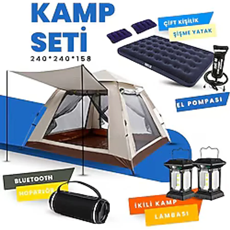 Yussraw 4-6 Kişi Kamp Çadırı Seti Taşınabilir Otomatik 240x240x158+LAMBA+YATAK+YASTIK+POMPA+HOPARLÖR