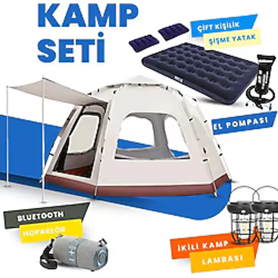 Yussraw 4-8 Kişi 6 Gen Kamp Çadırı Seti Taşınabilir Otomatik 280x280x158 +Lamba+Yatak+Yastık+Pompa+Hoparlö