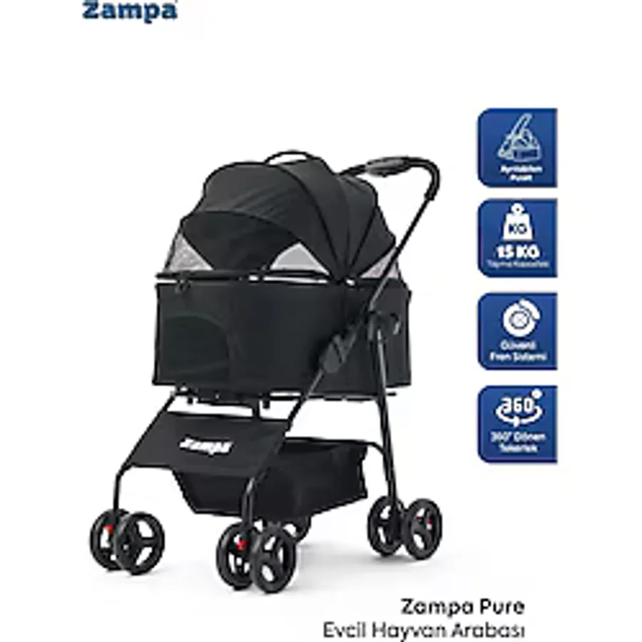 Zampa Pure Kedi & Köpek Arabası Siyah - 15 Kg Kapasiteli Ayrılabilen Pusetli Modern Tasarım