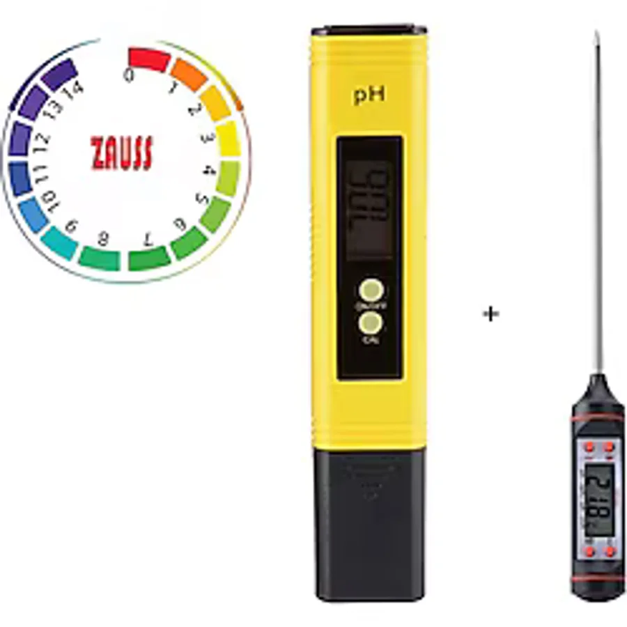 Zauss Dijital Ph Metre / 0.01 Hassasiyetinde Su Sıvı Akvaryum Ph Ölçer Pil Kap ve 2 Adet Çözelti Hediyeli + Daldırmalı Termometresi Seti - Termometre ile