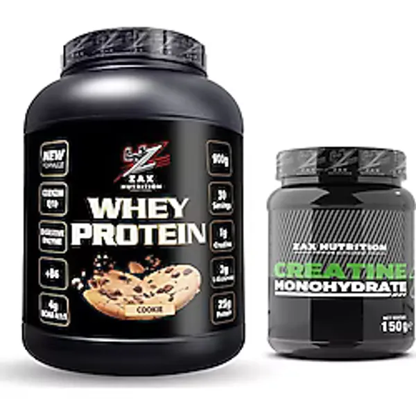 Zax Nutrition Whey Protein 900 G Cookie + Creatine Monohydrate 150 G - Kas Kütlesi, Güç ve Performans Artırıcı Sporcu Takviye Seti