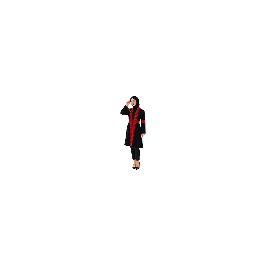 Zaytoon Tesettür Kaban Filistin Nakışlı Kırmızı Siyah Kısa Kaban Abaya Kadın - 2XL