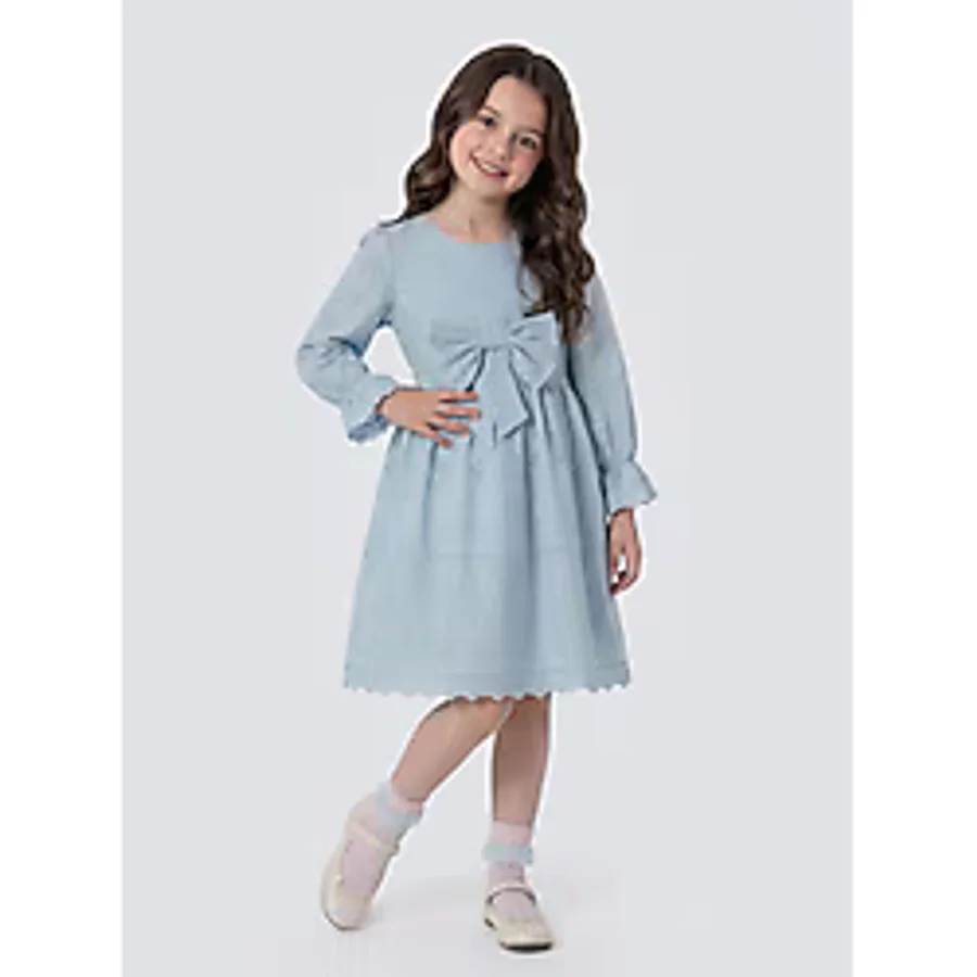 Zaziko Kids Kız Çocuk Uzun Kollu Önü Kurdelalı Fisto Elbise