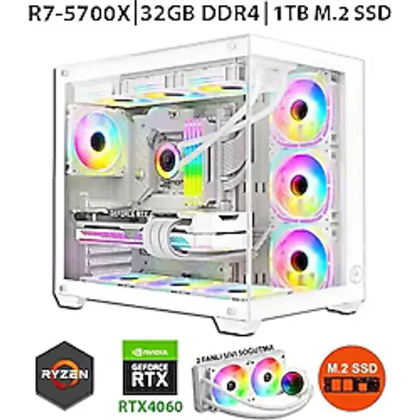 Zeiron Mirage X32 Pro White Ryzen 7 5700X 32GB RAM 1TB SSSD 8GB Rtx5060 240mm Sıvı Soğutmalı Masaüstü Oyun Bilgisayarı