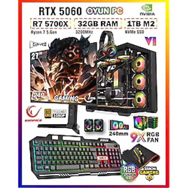 Zeiron Warrior Eagle X55 Ryzen 7 5700X 32GB 1TB SSD RTX5060 GDDR7 27" 240Hz Sıvı Soğutmalı Oyun Bilgisayarı