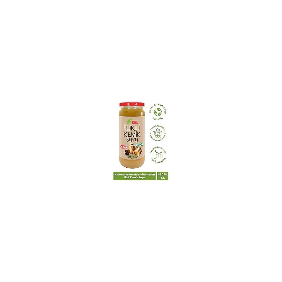 Zel %100 Dana Kaval Kemiklerinden İlikli Kemik Suyu 480 ml - 12 Saat Kaynatılmış (6 adet)