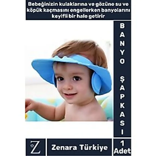 Zenara Premium Sağlıklı Su Köpük Kaçma Önleyen Ayarlanabilir Düğme Kulaklıklı Eğlenceli Bebek Banyo Şapkası - Mavi - Standart