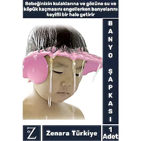 Zenara Premium Sağlıklı Su Köpük Kaçma Önleyen Ayarlanabilir Düğme Kulaklıklı Eğlenceli Bebek Banyo Şapkası - Pembe - Standart