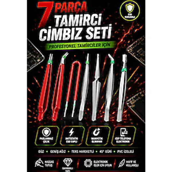 Zephoo 7'li Hassas Cımbız Seti ESD Antistatik Paslanmaz Çelik Elektronik Tamir Cımbızı Telefon Tablet Bilgisayar Saat Drone Anakart Onarım Seti