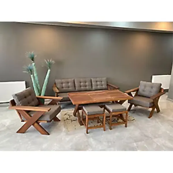Zerka Concept Verona Masif Ahşap Bahçe Balkon Koltuk Takımı Kestane Ağacı - 1 Adet Üçlü 2 Adet Tekli Gri Renk