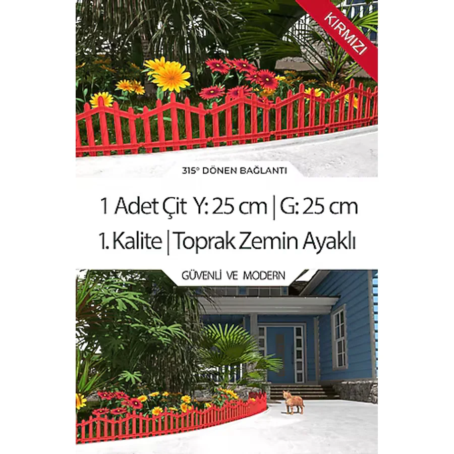Zidi Plastik Dekoratif Plastik Bahçe Çiti Ve Peyzaj Çiti 1 Adet Çit (y: 25 Cm / G: 25 Cm) Toprak Ayaklı - Kırmızı Kırmızı