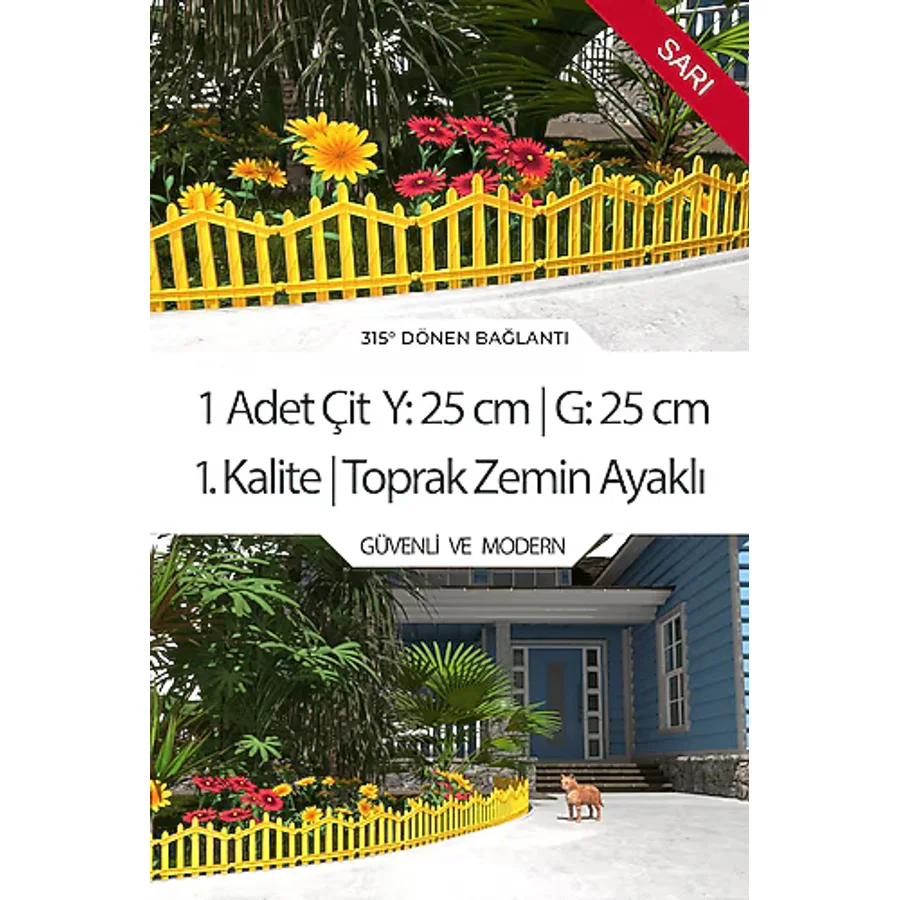 Zidi Plastik Dekoratif Plastik Bahçe Çiti Ve Peyzaj Çiti 1 Adet Çit (y: 25 Cm / G: 25 Cm) Toprak Ayaklı - Sarı Sarı