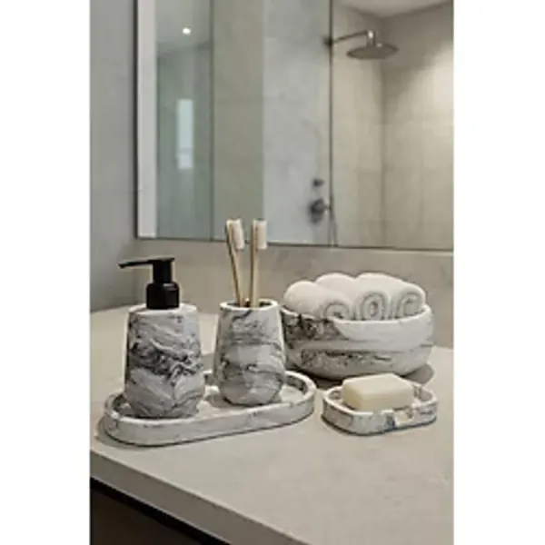 Zigzag Home Dekoratif 5 Parça Mermer Desen Banyo Seti Sıvı/Katı Sabunluk Diş Fırçalık Havluluk Tepsi Takım