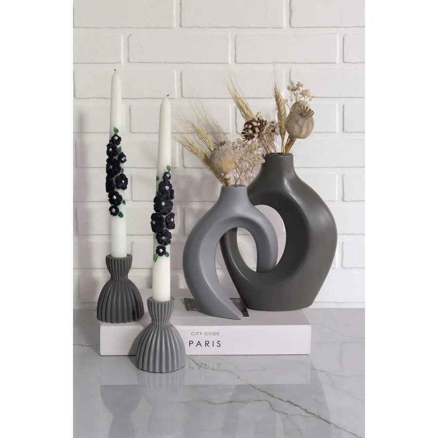 Zigzag Home Dekoratif Bohem Tarz Sevgili Sarmaşık Vazo ve Şam'dan Mumluk Set Biblo Antrasit ve Açık Gri